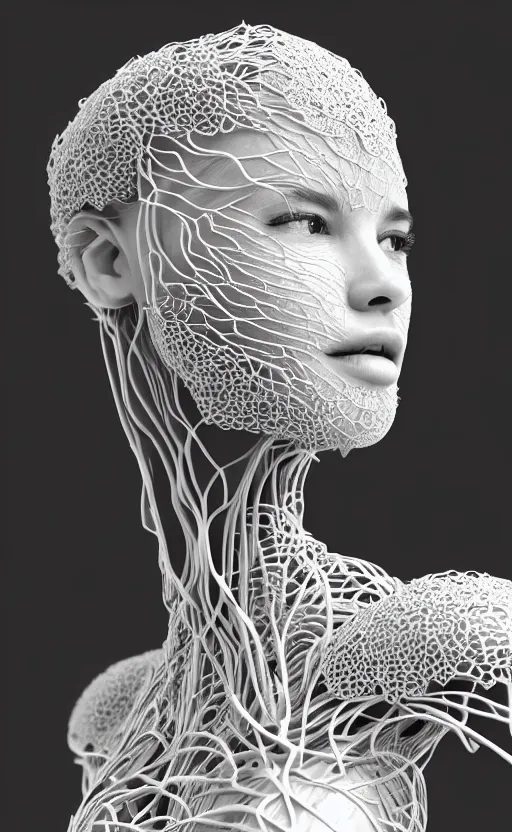 Prompt: complex 3d render of a beautiful profile woman face, vegetal dragon cyborg, 150 mm, beautiful natural soft light, rim light, silver details, magnolia stems, roots, fine lace, maze like, mandelbot fractal, anatomical, facial muscles, cable wires, microchip, elegant, highly detailed, white metallic armour, smoke vapour tornado, octane render, black and white, H.R. Giger style