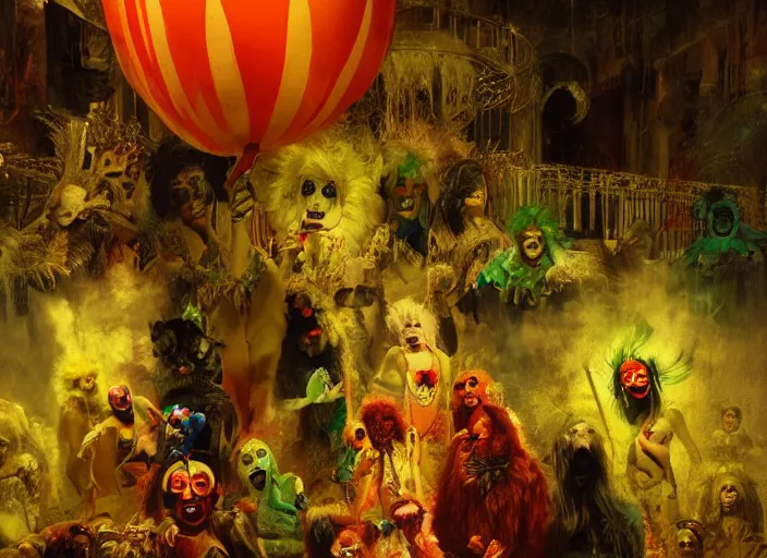 Image similar to wild underground carnival scene from a 7 0's movie by chris cunningham, kenneth anger and alejandro jodorowsky : : clowns, courtesans, animals : : ultra realistic, concept art, highly detailed by greg rutkowski, craig mullins, simon bisley 4 k