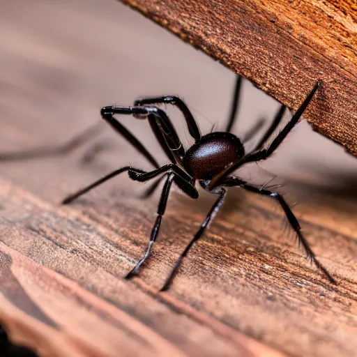 Prompt: a close up shot of a spider attacking a ant on a wooden table, microshot.