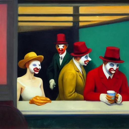 Prompt: a painting of clowns waiting at McDonalds by Edward Hopper