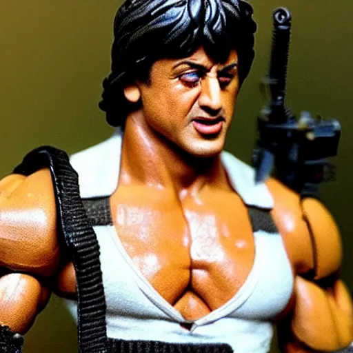 Prompt: an action figure of Stallone as Rambo. Big muscles. Holding a fully automatic rifle