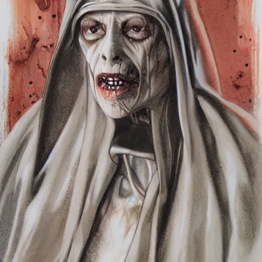 Prompt: detailed details photorealistic undead nun in silent hill in the style of bob peak and alex ross, gouache and wash paints color, detailed details facial and body and human and environments and proportionate, detailed 5 k details.