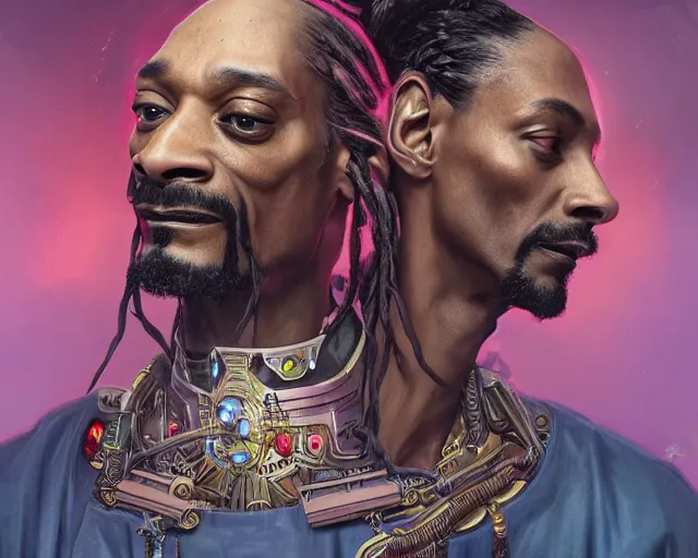 Image similar to man snoop dogg with cyberpunk implants, deep focus, d & d, fantasy, intricate, elegant, highly detailed, digital painting, artstation, concept art, matte, sharp focus, illustration, hearthstone, art by artgerm and greg rutkowski and alphonse mucha