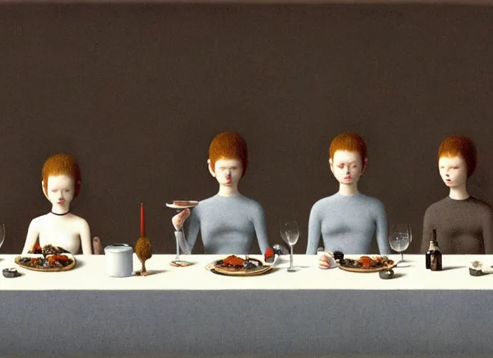 Image similar to a very boring dinner party, painting by quint buchholz and ray caesar, muted colors, gray, dull, boring, low energy, pale blue faces, very detailed