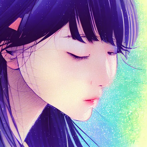 Image similar to daydreaming Nanase Nishino close-up portrait looking straight on, complex artistic color ink pen sketch illustration, full detail, gentle shadowing, fully immersive reflections and particle effects, chromatic aberration.