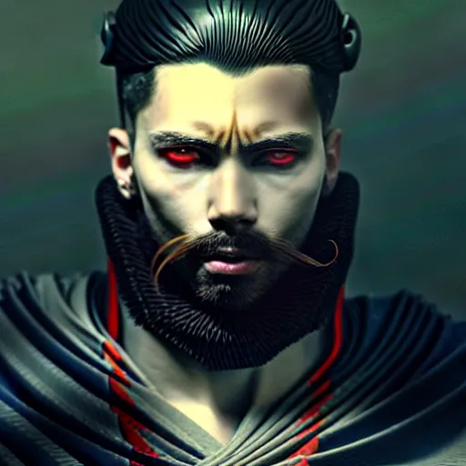 Image similar to bearded man with extremely large and intricate haircut with angry red eyes and slim features looking askance, eye cyberpunk bionics, retro futurist style, intricate, elegant gleaming intricate baroque jewelry, angelic halo, highly detailed, digital painting, artstation, concept art, smooth, sharp focus, illustration, art by wlop, mars ravelo and greg rutkowski,