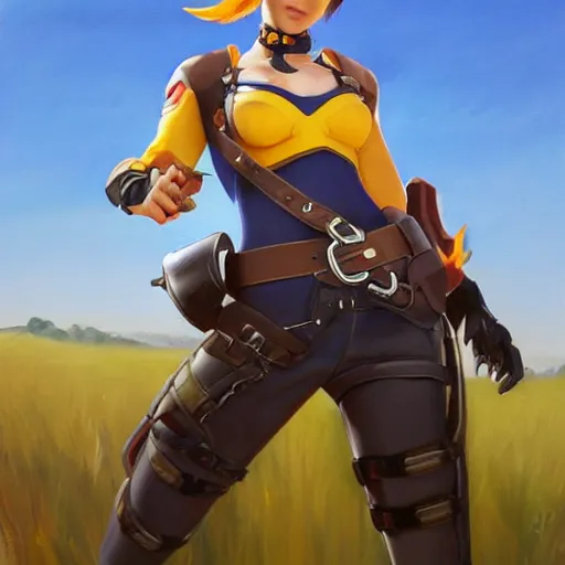 prompthunt: oil painting of tracer overwatch in a field wearing large  leather belt choker around neck, in style of mark arian, expressive face,  detailed face, detailed eyes, full body, feminine face, tracer