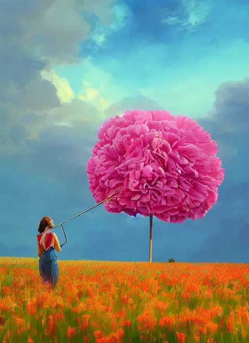 Image similar to woman with a giant carnation as a face, flower field, surreal photography, sunset dramatic light, impressionist painting, colorful clouds, blue sky, digital painting, artstation, simon stalenhag