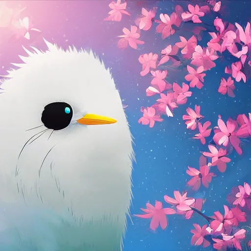 Image similar to white bird holding a flower cinematic composition, studio ghibli, digital art, cute