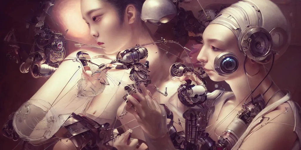 Prompt: hyperrealistic photography of a gorgeous cyborg assisting a feather-making machine in the style of Jin Kagetsu, James Jean and wlop, highly detailed, masterpiece, award-winning, sharp focus, intricate concept art, ambient lighting, 8k, artstation
