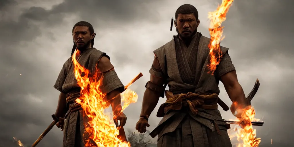 Image similar to a film still of a black man starring in a japanese blockbuster film as ancient evil samurai with fire powers, shallow depth of field, cinematic, award winning cgi, vfx, film still