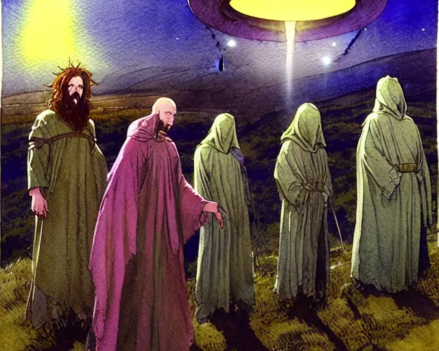 Image similar to a realistic and atmospheric watercolour fantasy character concept art portrait of a group of christians wearing robes and emerging from the mist on the moors of ireland at night. a ufo is in the sky. by rebecca guay, michael kaluta, charles vess and jean moebius giraud