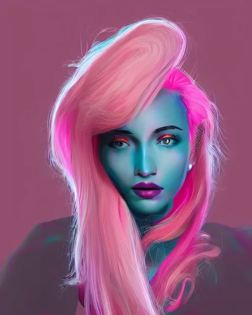 Image similar to a detailed digital art of a dramatic lighting beautiful young woman with cotton candy hair. with a little bit of cyan and pink