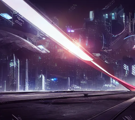 Image similar to futuristic sci fi jet lands at runway of cyberpunk city, night photo ,dark cinematic lighting , digital concept art