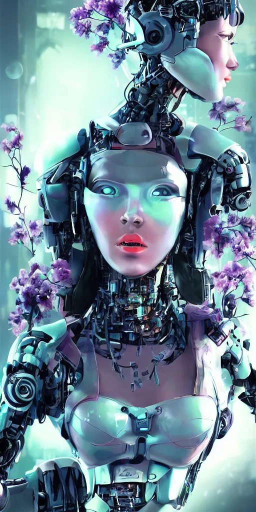 Image similar to Cyber punk 2077 robot girl, very beautiful portrait, Detroit game style, woman wrapped in flowers lily, photorealism