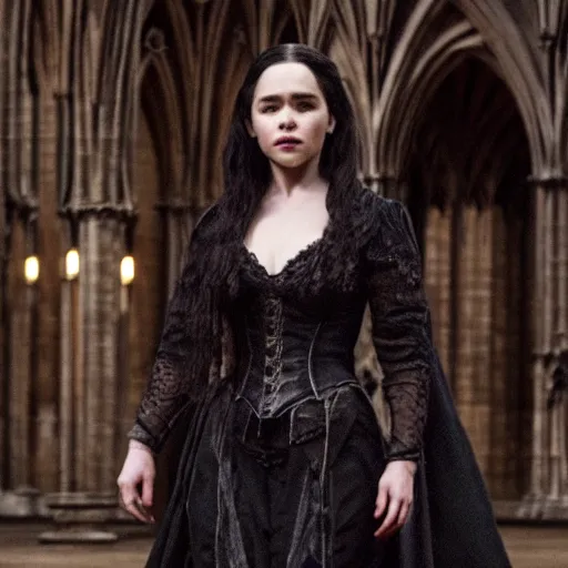 Prompt: emilia clarke as a goth temptress in a gloomy gothic cathedral at night