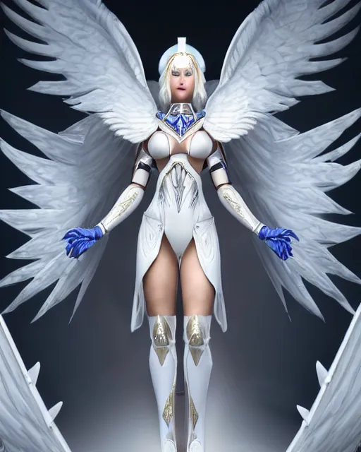 Image similar to perfect white haired attractive egyptian goddess with huge white dove wings, warframe armor, regal, ornate, beautiful, symmetric, dreamy, half asian, pretty face, blue eyes, detailed, scifi platform, laboratory, experiment, 4 k, ultra realistic, epic lighting, android body, illuminated, cinematic, masterpiece, art by akihito tsukushi, voidstar