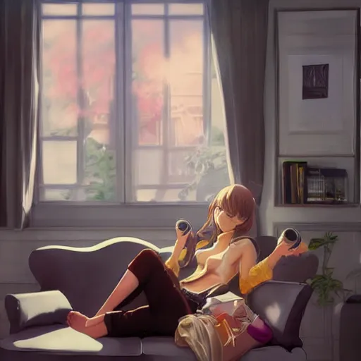 Prompt: girl sits on the sofa and listens to music, the sun shines through the window, highly detailed, 8 k, pixiv, in style of kyoto animation, art by artgerm and cushart krenz