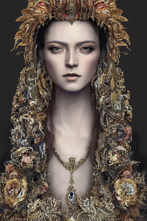 Image similar to hyper-realistic ultra-detailed maximalist and dramatic elegant luxury beautiful young empress portrait by igor goryunov and patricio clarey inspired by andrei riabovitchev and heidi taillefer Rendered by binx.ly 8k. Generative art. Fantastic realism. Scifi feel. Extremely Ornated. Intricate and omnious. Tools used: Blender Cinema4d Houdini3d zbrush. Unreal engine 5 Cinematic. Beautifully lit. No background. artstation. Deviantart. CGsociety.