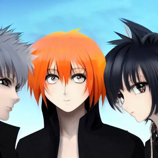 Image similar to orange - haired anime boy, 1 7 - year - old anime boy with wild spiky hair + 1 7 - year - old pale - skinned persian girl with black hair long bob cut, long bangs, black gothic jacket, ultra - realistic, sharp details, subsurface scattering, blue sunshine, intricate details, hd anime, 2 0 1 9 anime