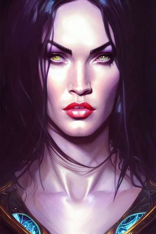 Image similar to portrait of megan fox as liliana vess, magic the gathering, intricate, headshot, highly detailed, digital painting, artstation, concept art, sharp focus, cinematic lighting, illustration, art by artgerm and greg rutkowski, alphonse mucha, cgsociety