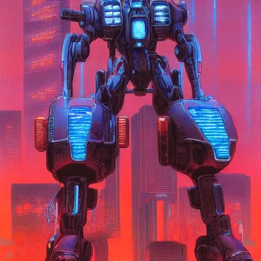 Image similar to arasaka mech, cyberpunk, art by michael whelan, red and blue neon