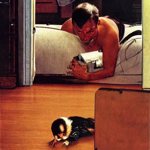 Prompt: dennis hopper crawling around on the floor of a dingy apartment, norman rockwell