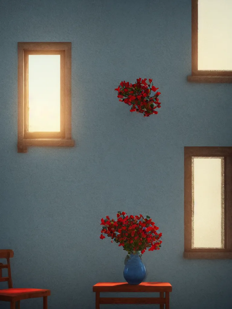 Image similar to a single old house window with a vase of red flowers with view to a sunrise, blue wall, a wooden chair near the window, concept art, octane render, unreal engine 5, trending on deviantart, highly detailed, high quality, hd, digital painting, masterpiece, geometric, symmetrical, low contrast, beautiful, high coherence, natural lighting, intense lighting