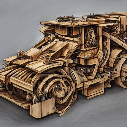 Prompt: mechanical tirex in urbanistic wood, hyperrealistic, style of james gurney