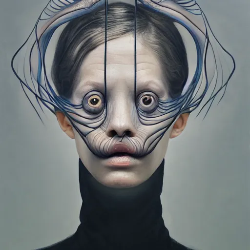 Prompt: a strange surrealist looming biomorphic portrait of a woman with large eyes wearing a black turtleneck by dali, marco mazzoni, james jean, todd school and rachel ruysch, emotionally evoking, head in focus, volumetric lighting, oil painting, timeless masterpiece, rendered in octane - h 7 0 4