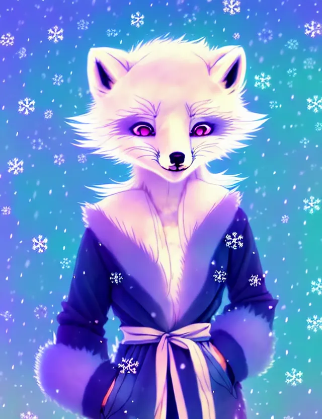 Prompt: a cute anthropomorphic arctic fox girl anthro wearing indigo ribbons and a fluffy robe, winter park background, very anime!!! kawaii!! furry!! intricate details, aesthetically complementary colors, scenic background, real life fursona photography. trending on artstation, top rated on pixiv and furaffinity