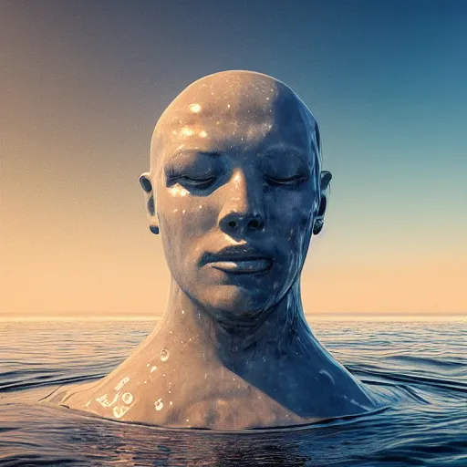 Image similar to a giant dripping water sculpture of a human head on the ocean water, cinematic, in the style of chad knight, long shot, hyper detailed, hyper realistic, ray tracing, 8 k resolution, sharp focus, realistic water, award winning