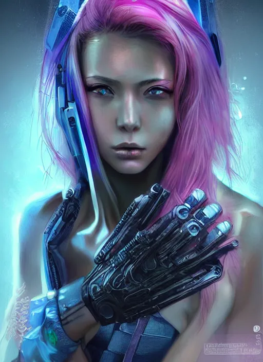 Image similar to beautiful, young cyberpunk ninja woman, extremely detailed gorgeous face, looks realistic, hyper-detailed portrait, sad eyes tears, vaporwave aesthetic, synthwave, magical, fantasy, ninchaku , artist Artgerm i and WLOP