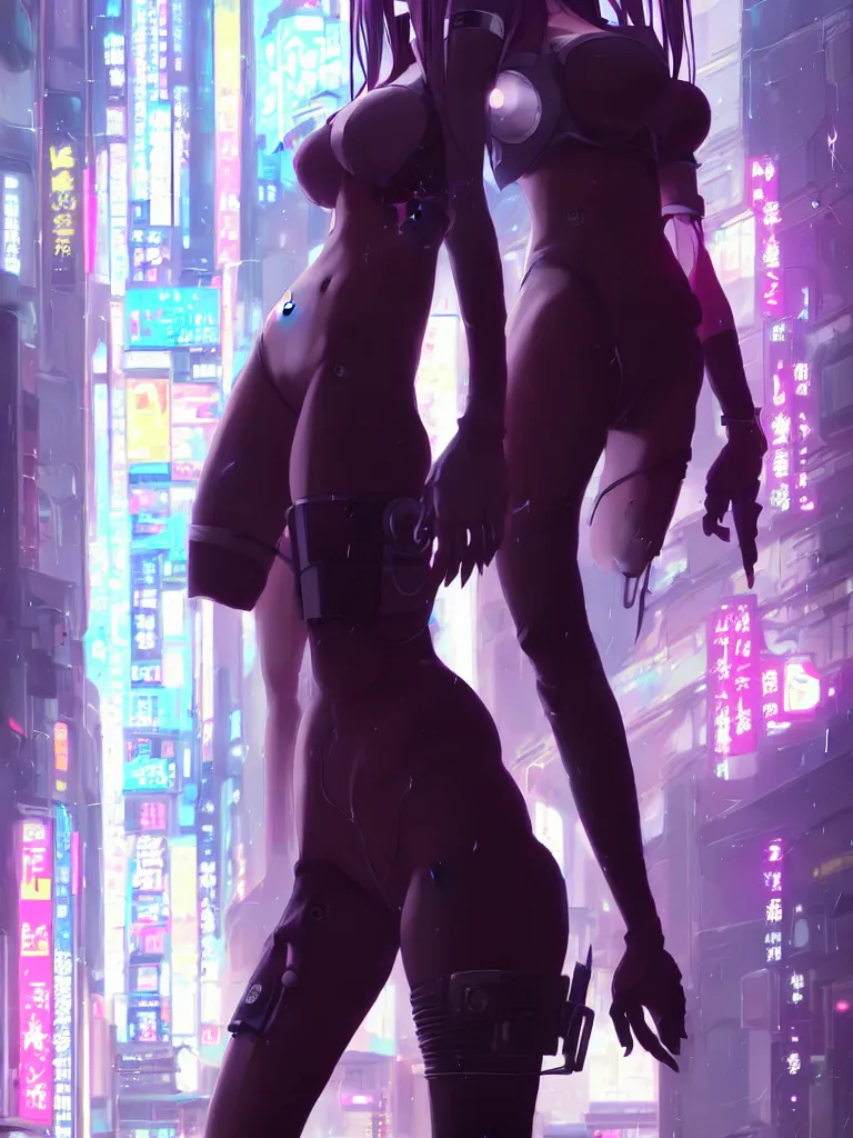 Prompt: Beautiful full body portrait of beautiful cyberpunk anime woman by Greg Rutkowski and Krenz Cushart and Pan_Ren_Wei and Hongkun_st and Bo Chen and Enze Fu and WLOP and Alex Chow, Madhouse Inc., anime style, crepuscular rays, set in rainy futuristic cyberpunk Tokyo street, dapped light, dark fantasy, feminine figure, smooth skin, gorgeous, pretty face, beautiful fashion model body, high detail, hyper realistic, cgsociety, trending on artstation