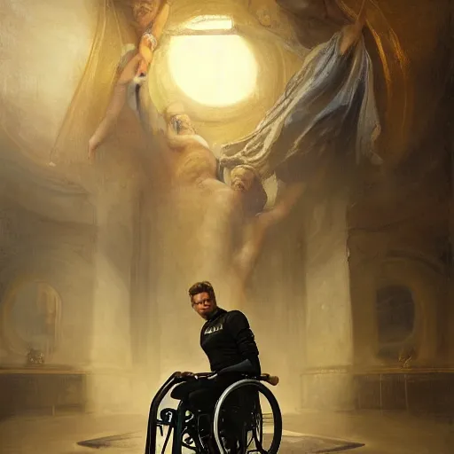 Image similar to handsome portrait of a wheelchair guy fitness posing, radiant light, caustics, heroic, smooth, one legged amputee,, by gaston bussiere, bayard wu, greg rutkowski, giger, maxim verehin