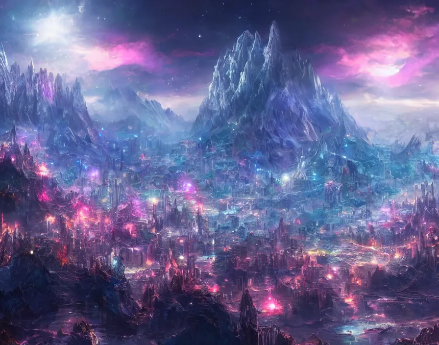 Image similar to city with crystals, fantasy artwork, very beautiful scenery, sky is made up of cosmic stars, hd, hdr, ue 5, ue 6, unreal engine 5, cinematic 4 k wallpaper, 8 k, ultra detailed, by popular digital, details, beautiful image ever created, high resolution, artstation, award winning