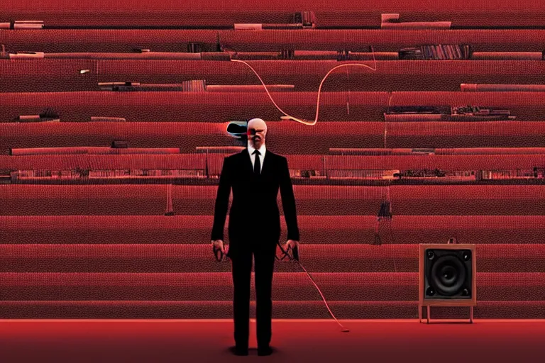 Image similar to an expressive portrait of agent 4 7 from hitman wearing headphones standing in front of a wall of vinyl records, speakers and cables, dark background, red rim light, digital art, artstation, concept art by giger stalenhag