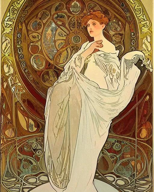 Image similar to painting alphonse mucha, the interior of the opera house, in the hollow of the hall a singer in a white dress on a lighted stage, palette of pastel colors