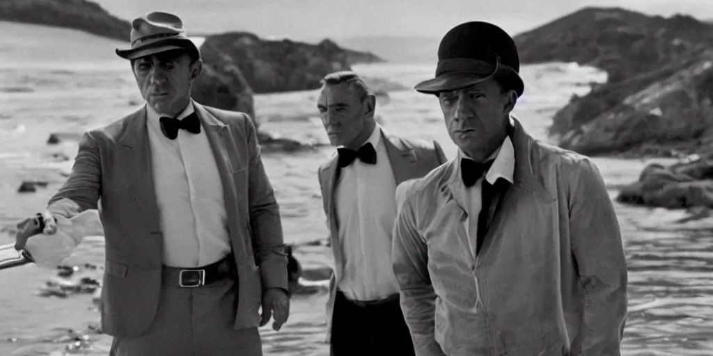 Prompt: Still of a James Bond movie with Daniel Craig as James Bond and Sean Connery as the father of James Bond. Sean Connery wears a fisherman hat and looks disapprovingly at Daniel Craig