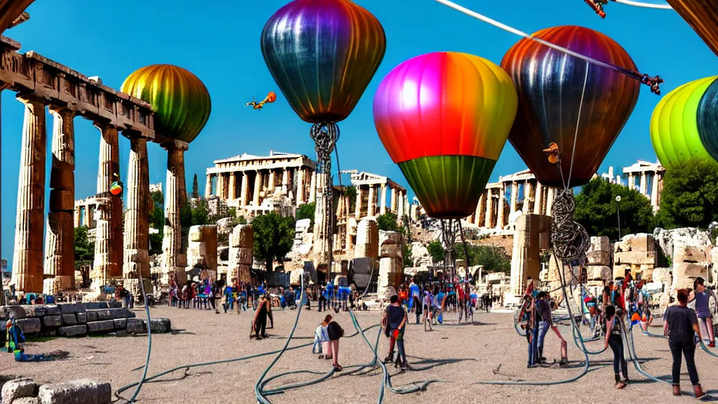 Image similar to large colorful futuristic space age metallic steampunk steam - powered balloons with pipework and electrical wiring around the outside, and people on rope swings underneath, flying high over the beautiful ancient athens acropolis landscape, professional photography, 8 0 mm telephoto lens, realistic, detailed, photorealistic, photojournalism