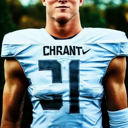 Image similar to “ a realistic detailed photo of a guy who is an attractive humanoid who is half robot and half humanoid, who is a male android, football player christian mccaffrey, shiny skin, posing like a statue, blank stare, on the field, on display ”