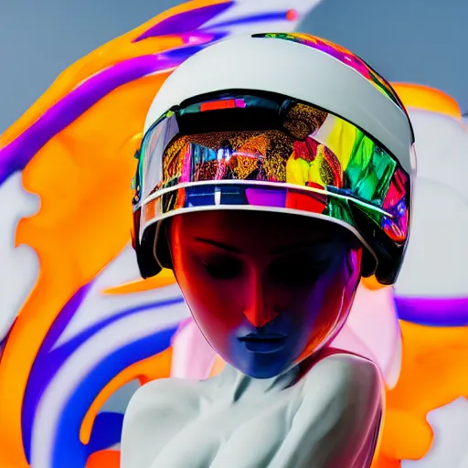 Image similar to extremely beautiful photo of a white marble statue of a girl with colorful motocross logos and motorcycle helmet with closed visor, colorful smoke in the background, carved marble statue, symmetrical, vogue, fine art, neon genesis evangelion, virgil abloh, offwhite, denoise, highly detailed, 8 k, hyperreal