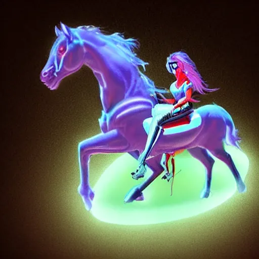 Prompt: space cowboy riding neon cyborg horse, realistic, fantastical