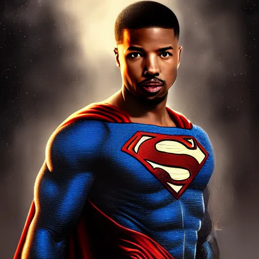 Image similar to michael b jordan as superman, digital painting, extremely detailed, 4 k, intricate, brush strokes, mark arian, artgerm, bastien lecouffe - deharme