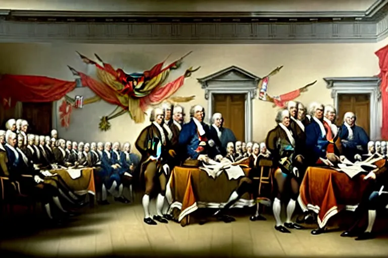 Image similar to john trumbull's famous painting of the signing of the declaration of independence. at least half of the men are clearly vampires, taller and with black hair and black and red capes.