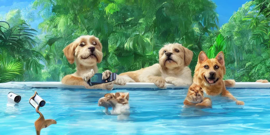 Image similar to cat and dog taking selfie in a swimming pool in the middle of the jungle, highly detailed, digital painting, artstation, concept art