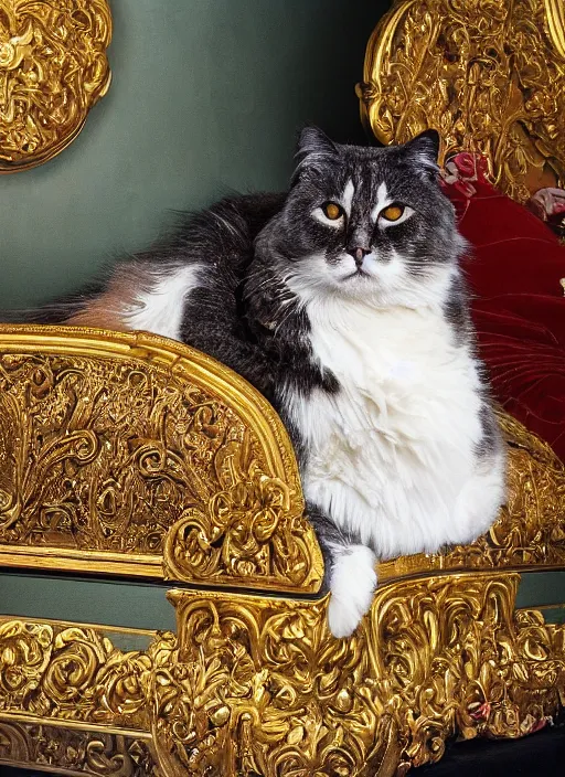 Image similar to a magnificent portrait of a fluffy fat cat on a precious embroidered velvet cushion on a neo - rococo gilded little bed with precious stones, ball of yarns all around, by david lachapelle, photorealistic, canon r 3, photography, wide shot, symmetrical features, symmetrical pose, wide angle shot, standing pose, feet on the ground