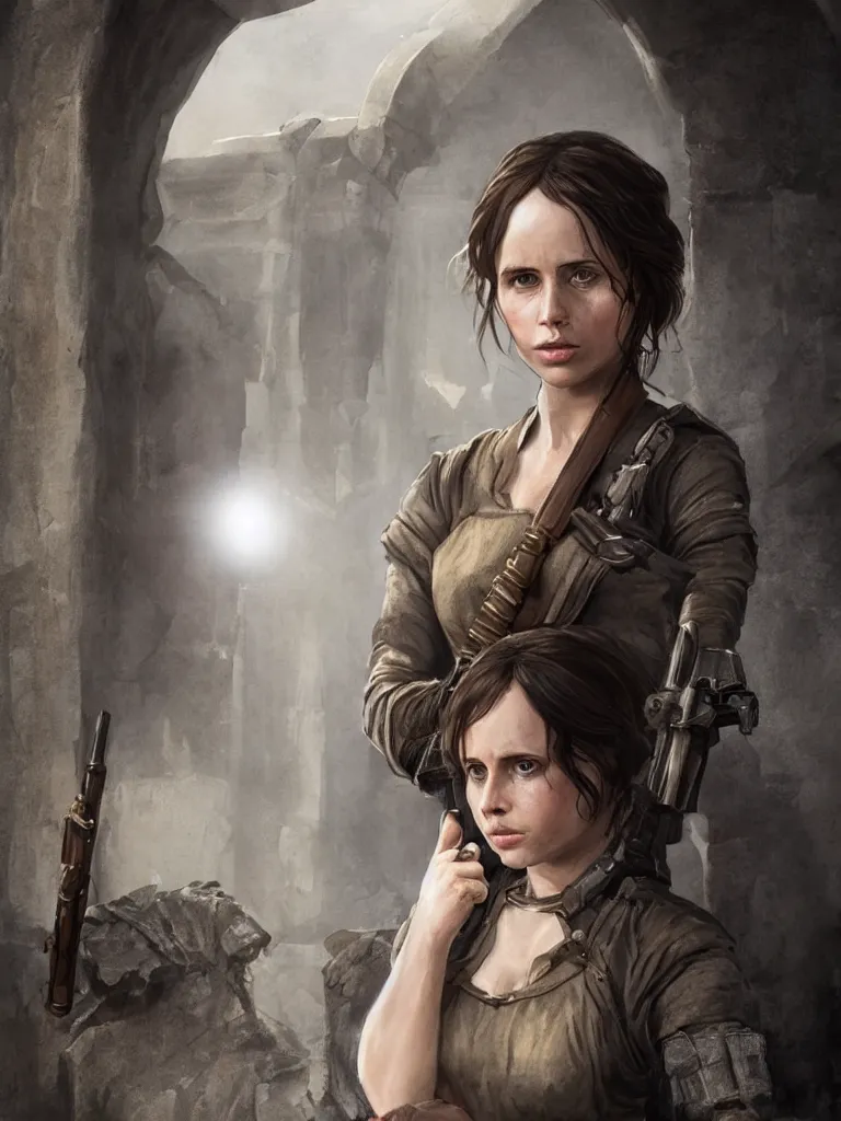 Prompt: portrait of jyn erso as a beautiful medieval goddess in a marble courtyard holding a pistol, decolletage, confident pose, coherent, insane detail, concept art, character concept, cinematic lighting, global illumination radiating a glowing aura