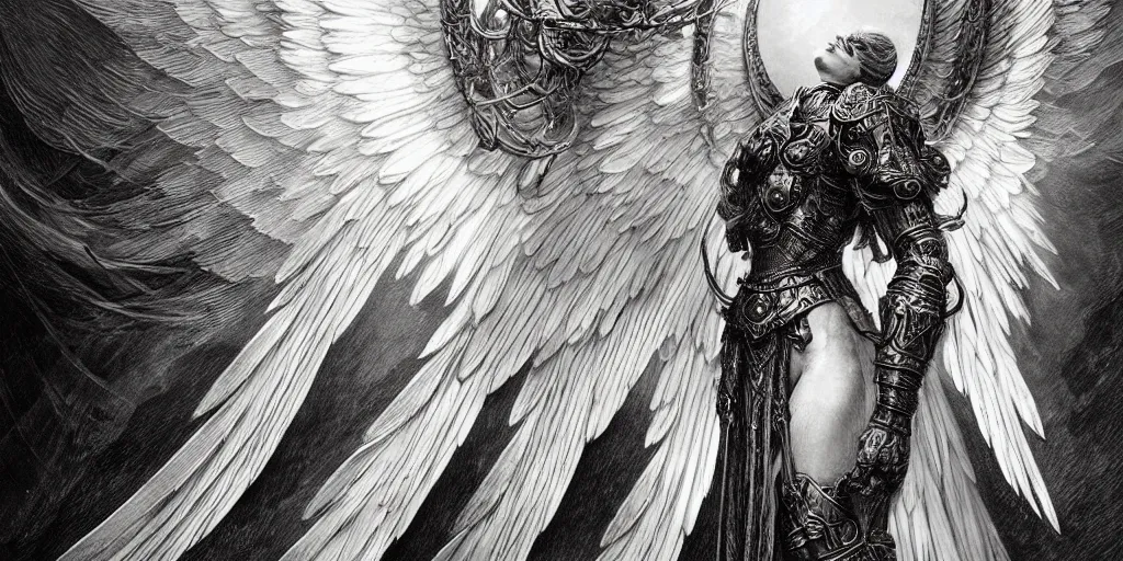 Image similar to immortal archangel wings, elegant beautiful white feathers, engraving, concept art, elden ring, illustration, smooth, sharp focus, by gustave dore and greg rutkowski, hyper realistic, ephemeral, fantasy art, in the style of midjourney, intricate, alphonse mucha, hyper detailed