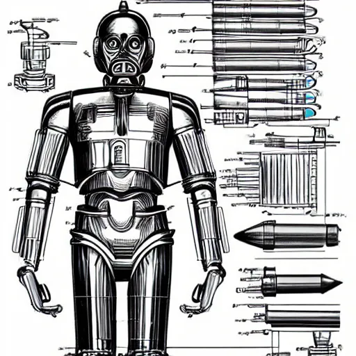 Prompt: technical blueprint of C3PO, pencil style